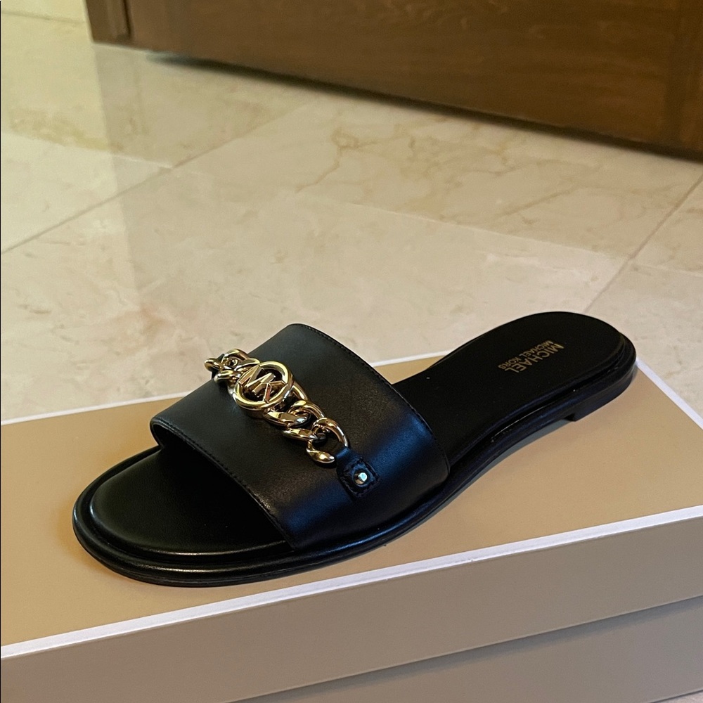 Michael Kors Black Sandals with Gold Chain